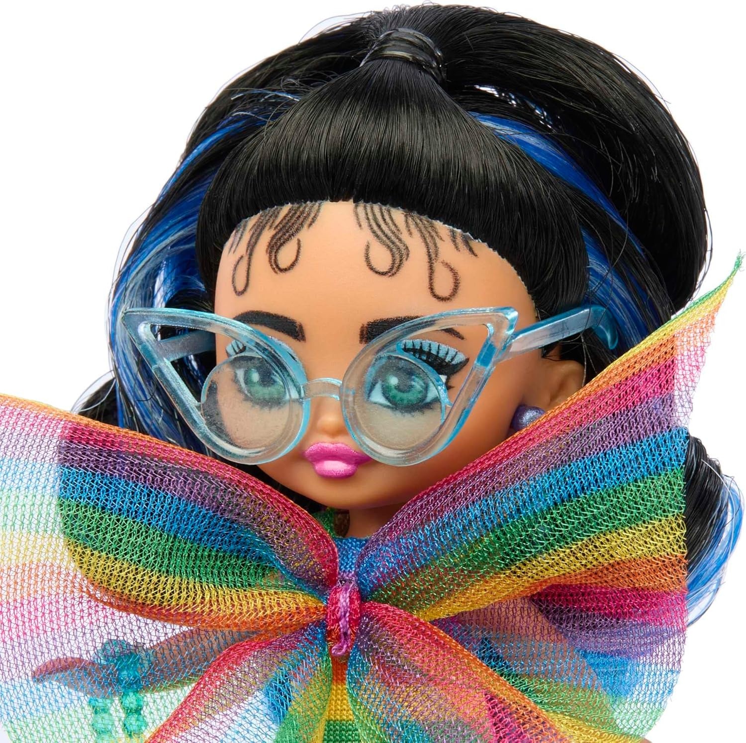 imageBarbie Extra Mini Minis Doll with Burgundy Hair Red Ruffle Dress Sunglasses amp Accessories amp Stand 325inch325 inch