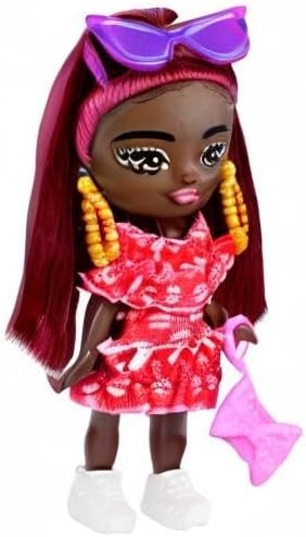 imageBarbie Extra Mini Minis Doll with Burgundy Hair Red Ruffle Dress Sunglasses amp Accessories amp Stand 325inch325 inch