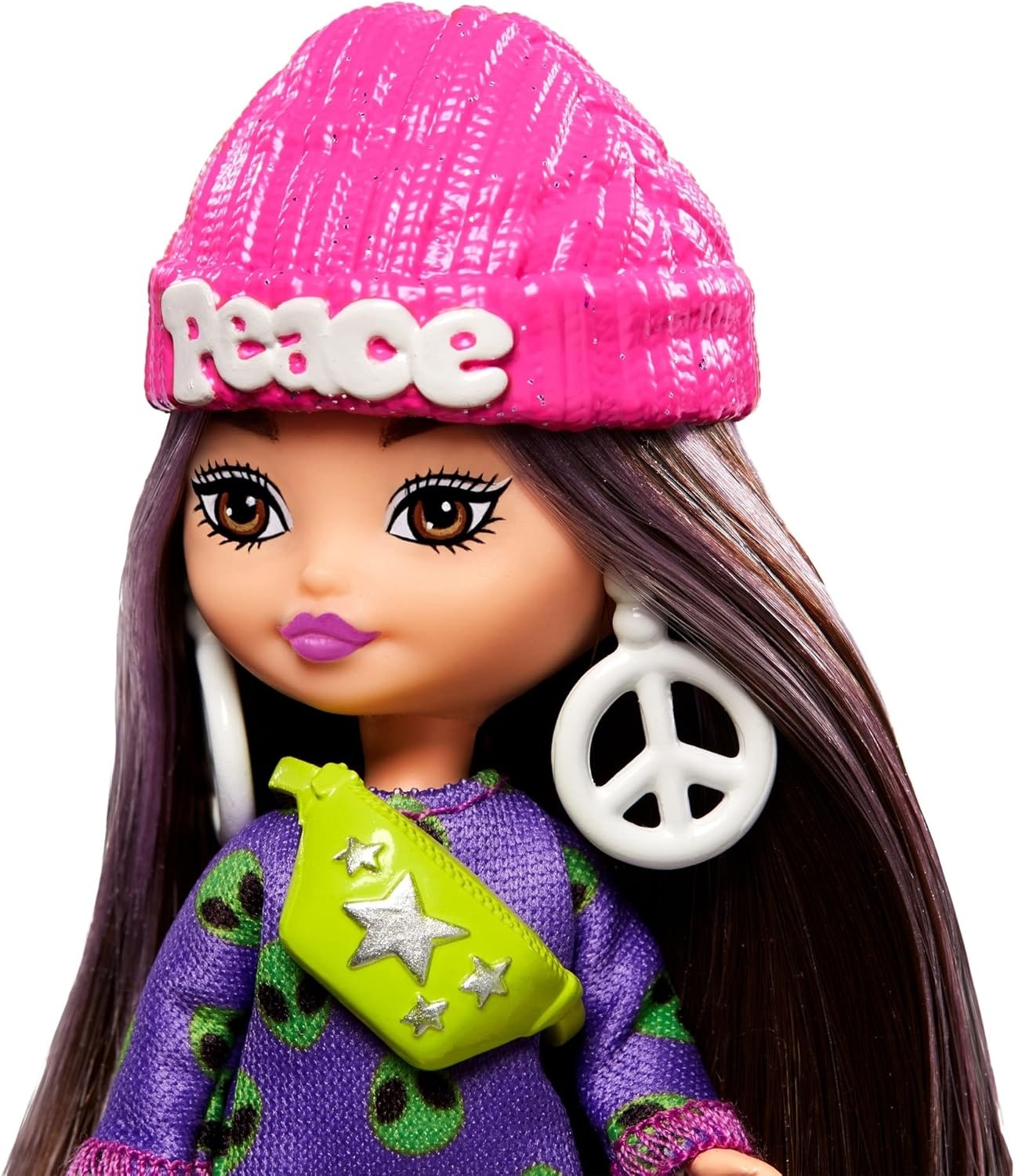 imageBarbie Extra Mini Minis Doll with Burgundy Hair Red Ruffle Dress Sunglasses amp Accessories amp Stand 325inch325 inch