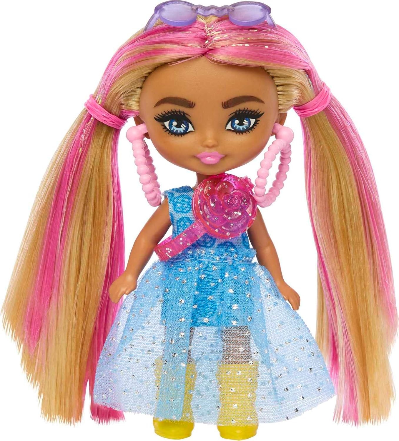 imageBarbie Extra Mini Minis Doll with Burgundy Hair Red Ruffle Dress Sunglasses amp Accessories amp Stand 325inch325 inch