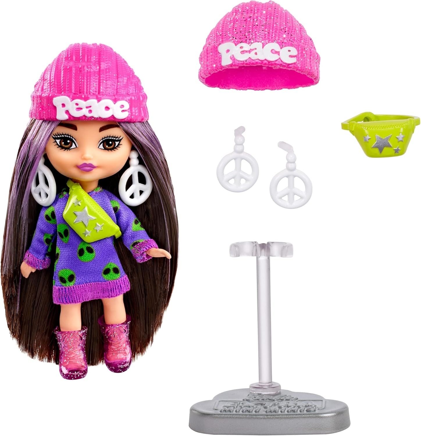 imageBarbie Extra Mini Minis Doll with Burgundy Hair Red Ruffle Dress Sunglasses amp Accessories amp Stand 325inch325 inch