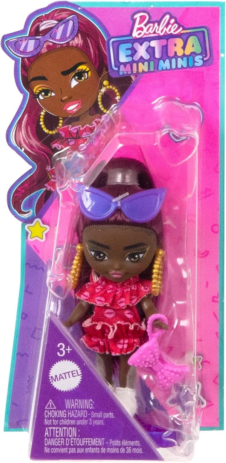 imageBarbie Extra Mini Minis Doll with Burgundy Hair Red Ruffle Dress Sunglasses amp Accessories amp Stand 325inch325 inch