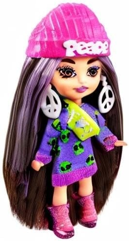 imageBarbie Extra Mini Minis Doll with Burgundy Hair Red Ruffle Dress Sunglasses amp Accessories amp Stand 325inch325 inch