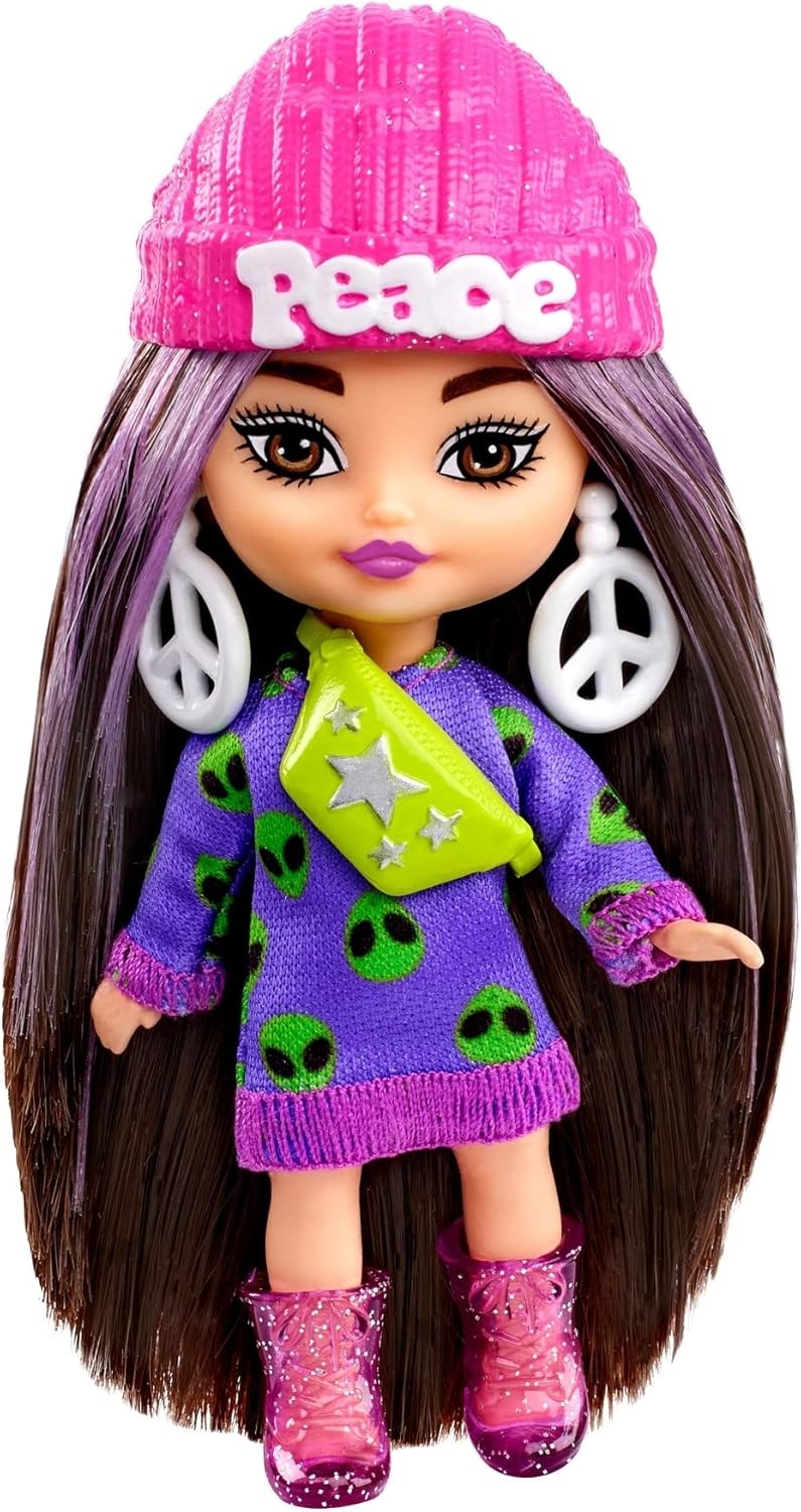 imageBarbie Extra Mini Minis Doll with Burgundy Hair Red Ruffle Dress Sunglasses amp Accessories amp Stand 325inch325 inch