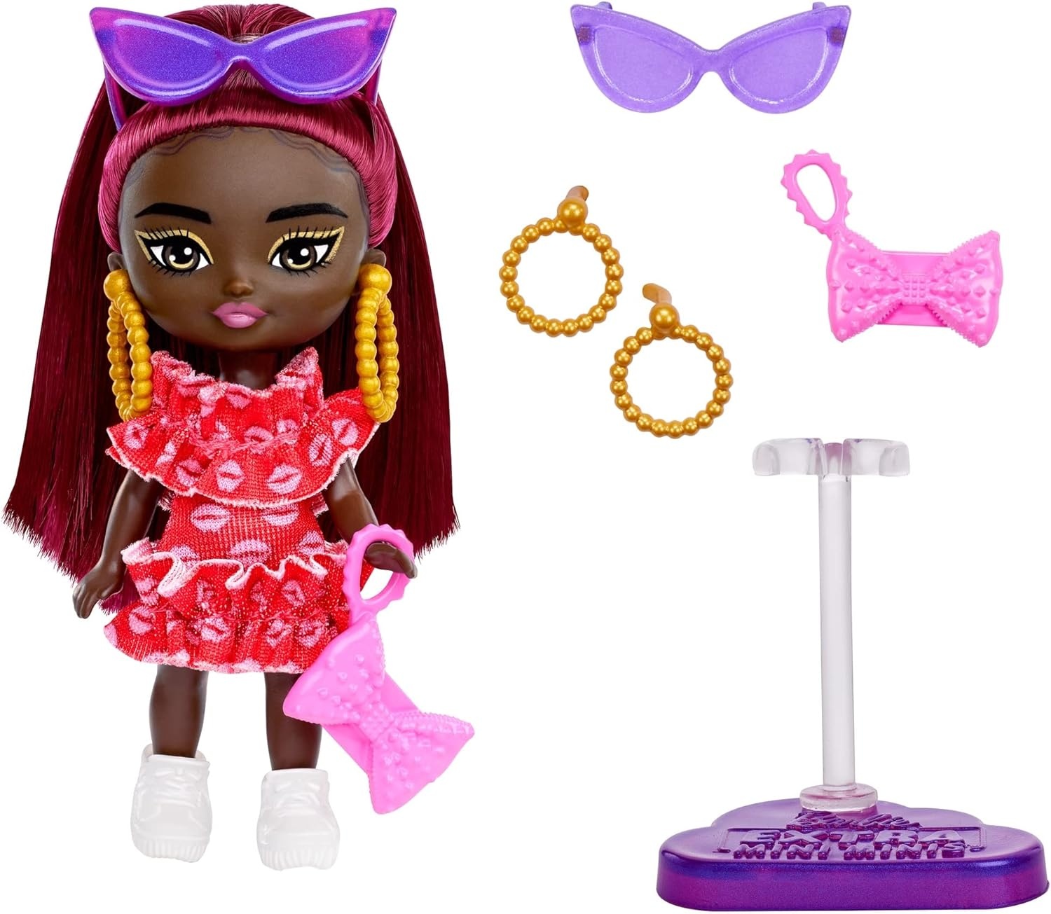 imageBarbie Extra Mini Minis Doll with Burgundy Hair Red Ruffle Dress Sunglasses amp Accessories amp Stand 325inch325 inch