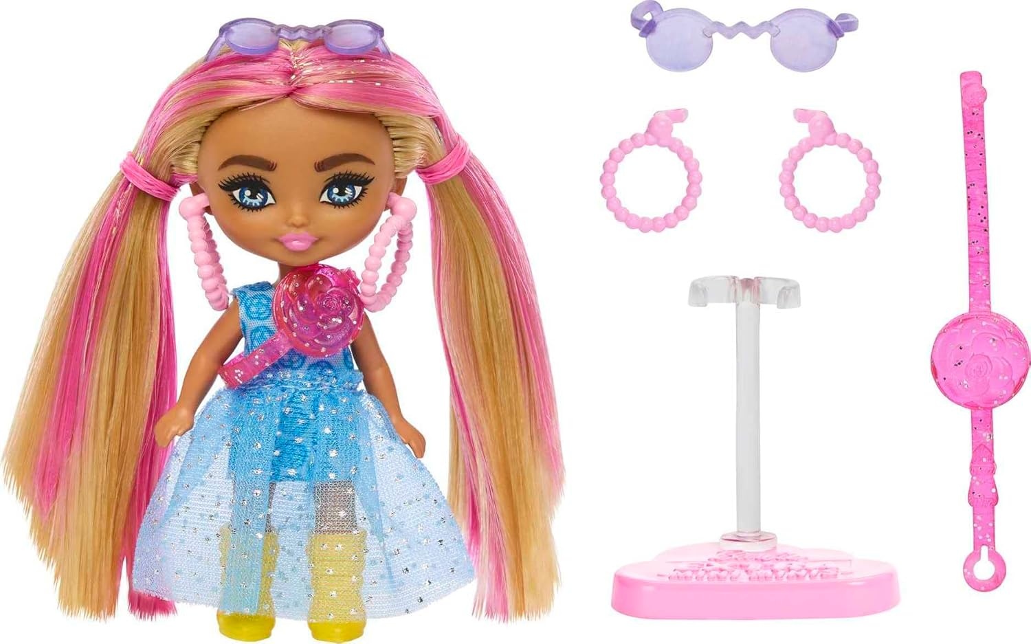 imageBarbie Extra Mini Minis Doll with Burgundy Hair Red Ruffle Dress Sunglasses amp Accessories amp Stand 325inch325 inch