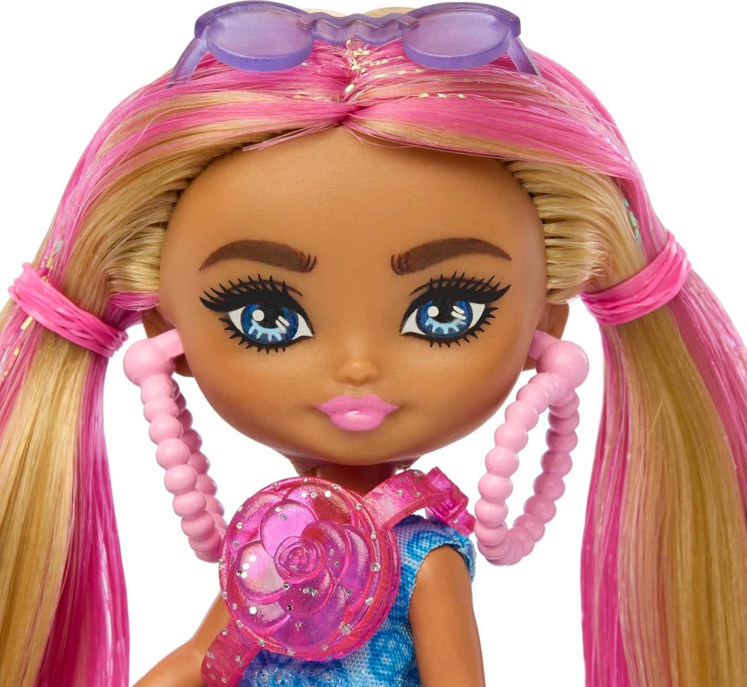 imageBarbie Extra Mini Minis Doll with Burgundy Hair Red Ruffle Dress Sunglasses amp Accessories amp Stand 325inch325 inch