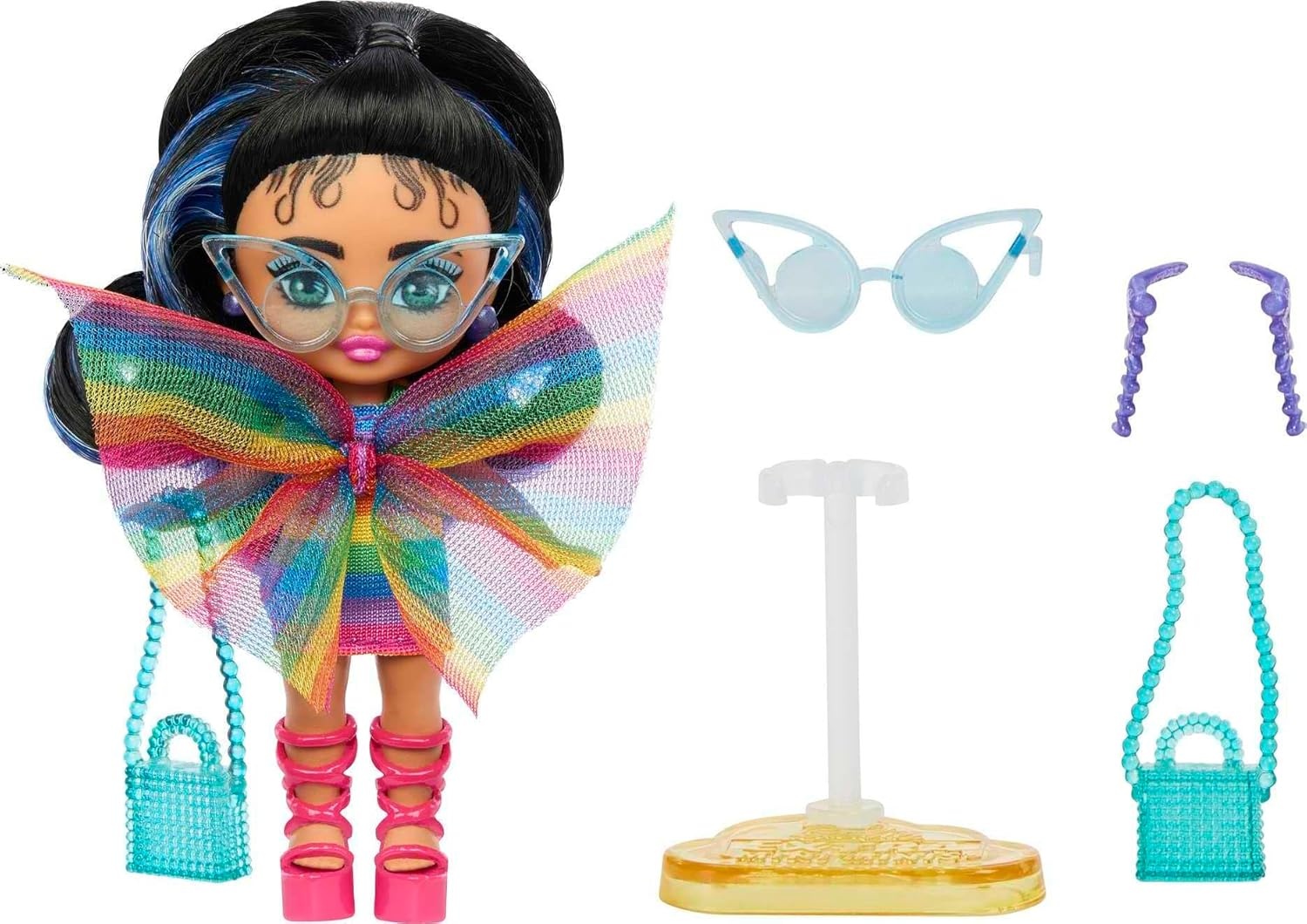imageBarbie Extra Mini Minis Doll with Burgundy Hair Red Ruffle Dress Sunglasses amp Accessories amp Stand 325inch325 inch