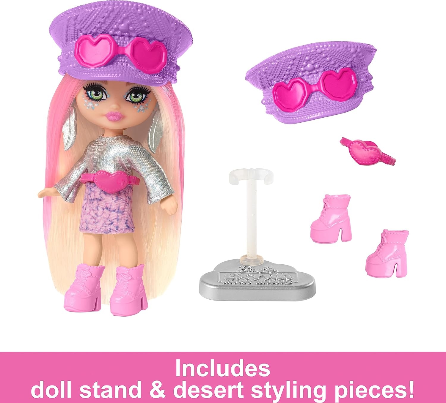imageBarbie Extra Mini Minis Travel Doll with Blue Hair Ombre Sweater Dress Pastel Earmuffs Snow Boots amp Snow Accessories 325inchDesert
