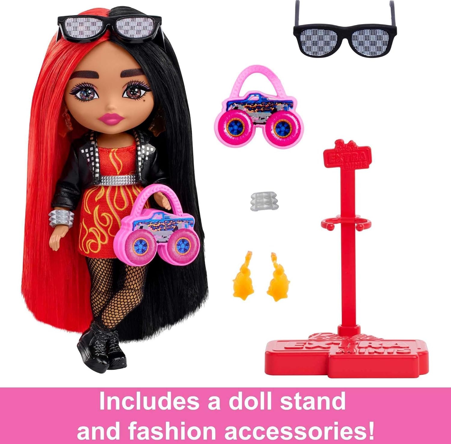 imageBarbie Extra Minis Doll amp Accessories with Red amp Black Hair Wearing FlamePrint Dress amp Moto Jacket 55inchMulticolor