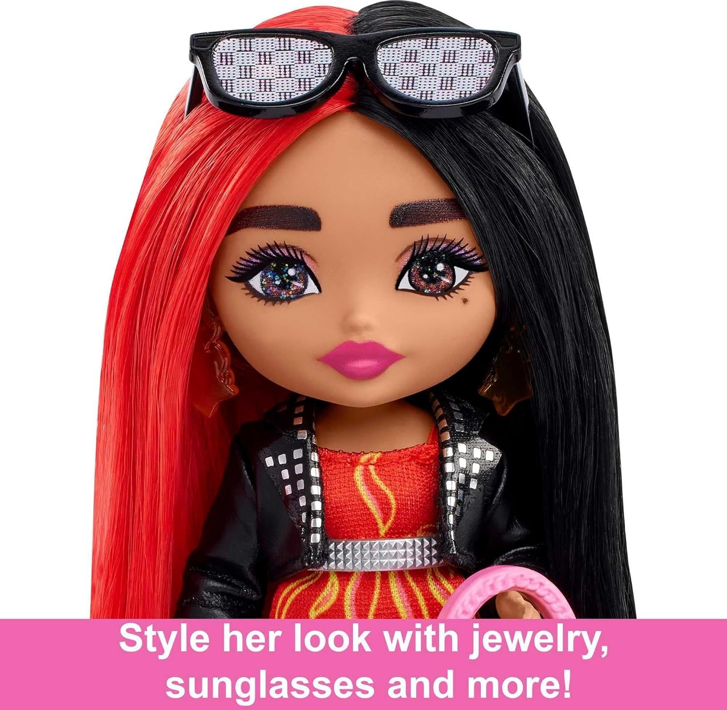 imageBarbie Extra Minis Doll amp Accessories with Red amp Black Hair Wearing FlamePrint Dress amp Moto Jacket 55inchMulticolor
