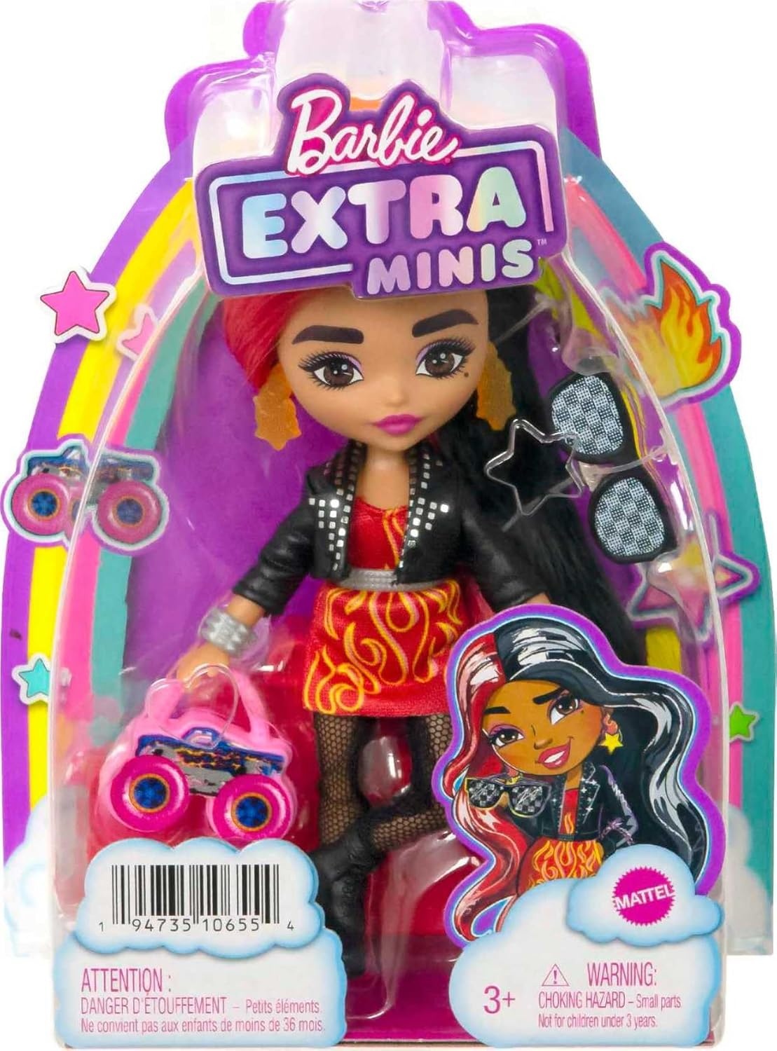 imageBarbie Extra Minis Doll amp Accessories with Red amp Black Hair Wearing FlamePrint Dress amp Moto Jacket 55inchMulticolor