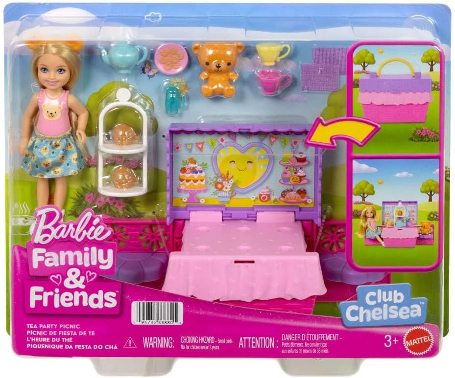 imageBarbie Family amp Friends Club Chelsea PopUp Tea Party Playset with Blonde Small Doll Transforming Picnic Basket amp 10 Accessories