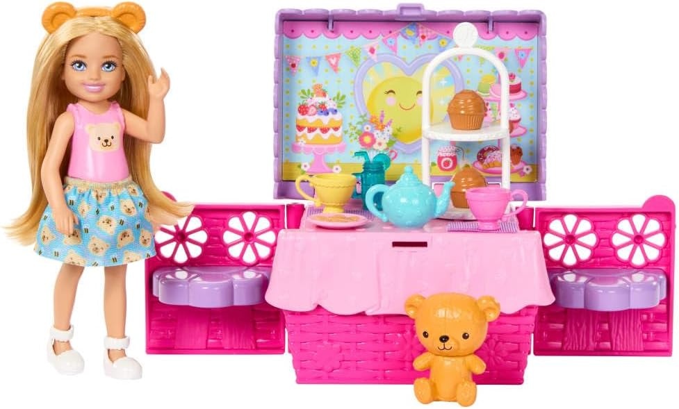 imageBarbie Family amp Friends Club Chelsea PopUp Tea Party Playset with Blonde Small Doll Transforming Picnic Basket amp 10 Accessories