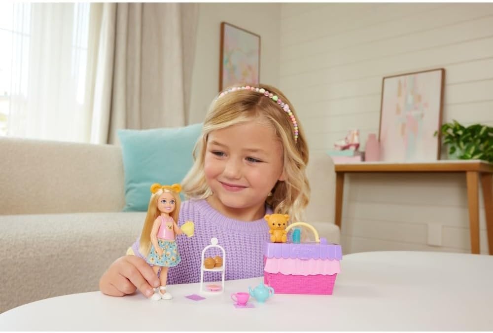 imageBarbie Family amp Friends Club Chelsea PopUp Tea Party Playset with Blonde Small Doll Transforming Picnic Basket amp 10 Accessories