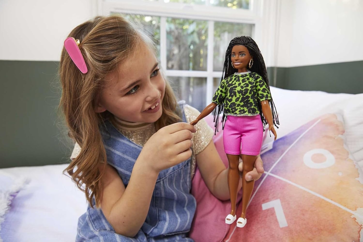 imageBarbie Fashionistas Doll 144 with Long Brunette Braids Wearing Neon Green AnimalPrint Top Pink Shorts White Sandals amp Earrings Toy for Kids 3 to 8 Years Old