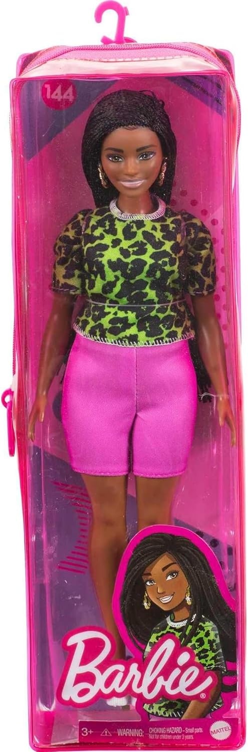 imageBarbie Fashionistas Doll 144 with Long Brunette Braids Wearing Neon Green AnimalPrint Top Pink Shorts White Sandals amp Earrings Toy for Kids 3 to 8 Years Old