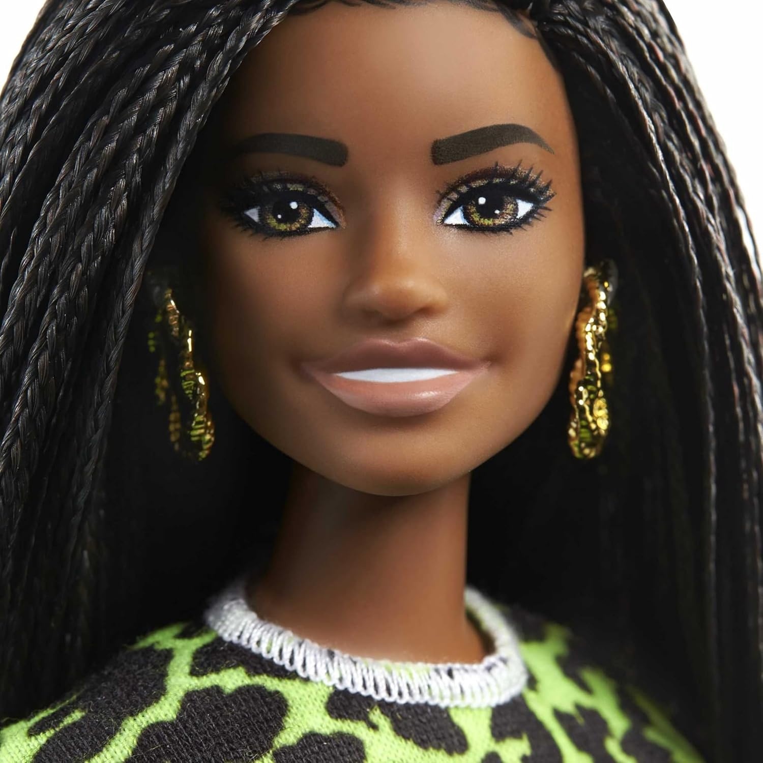 imageBarbie Fashionistas Doll 144 with Long Brunette Braids Wearing Neon Green AnimalPrint Top Pink Shorts White Sandals amp Earrings Toy for Kids 3 to 8 Years Old