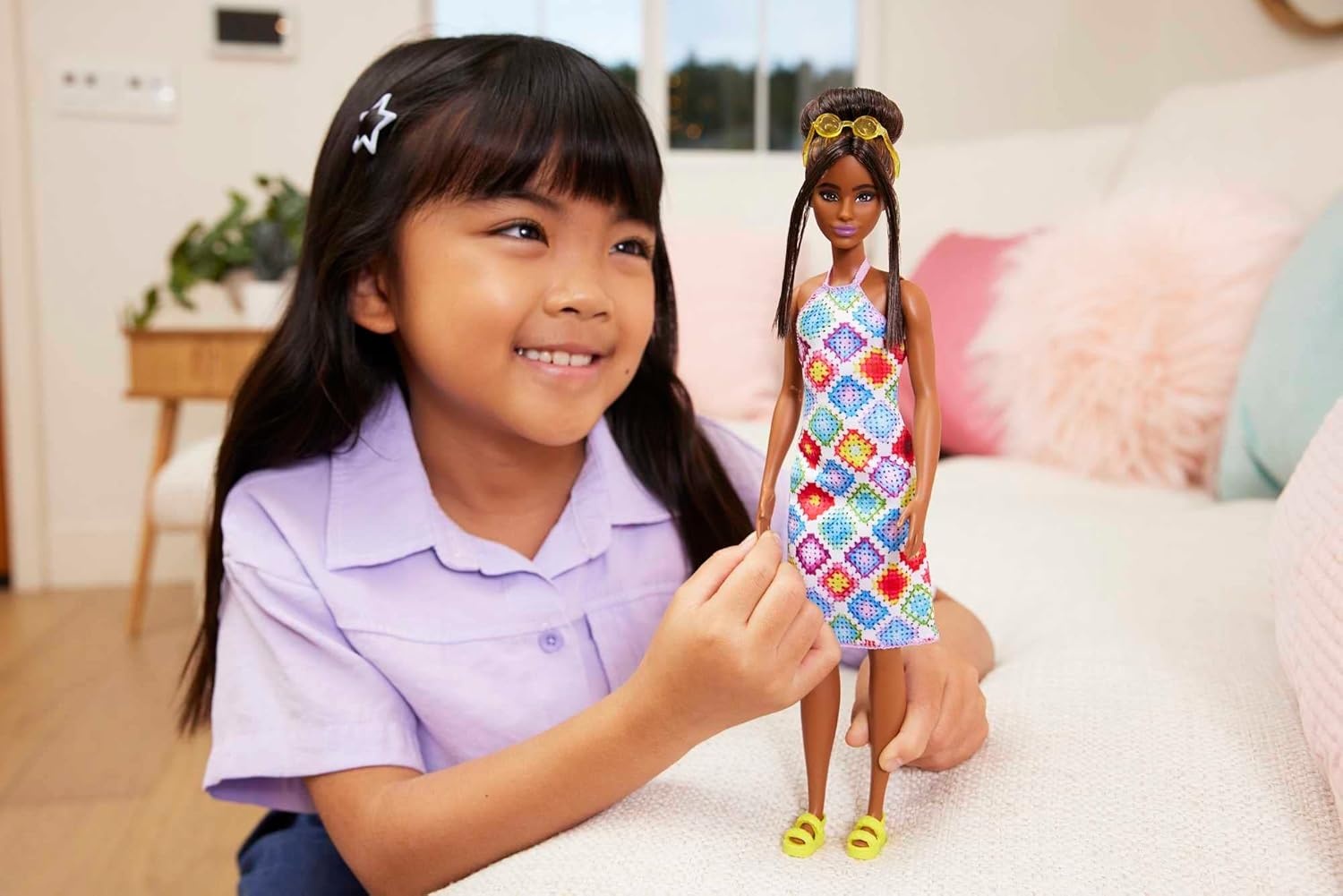 imageBarbie Fashionistas Doll 210 with Brunette Hair in Bun Wearing Removable Colorful Crochet Halter Dress Sunglasses amp Sandals