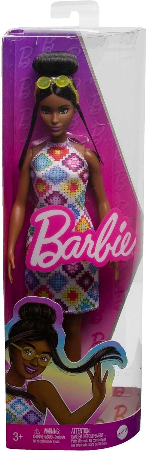 imageBarbie Fashionistas Doll 210 with Brunette Hair in Bun Wearing Removable Colorful Crochet Halter Dress Sunglasses amp Sandals