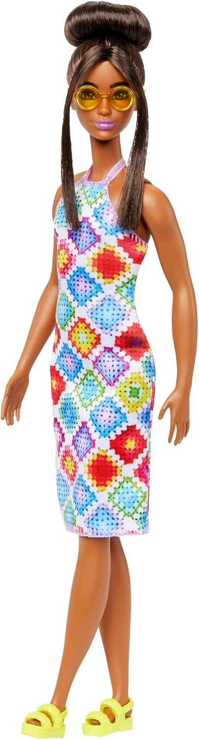 imageBarbie Fashionistas Doll 210 with Brunette Hair in Bun Wearing Removable Colorful Crochet Halter Dress Sunglasses amp Sandals