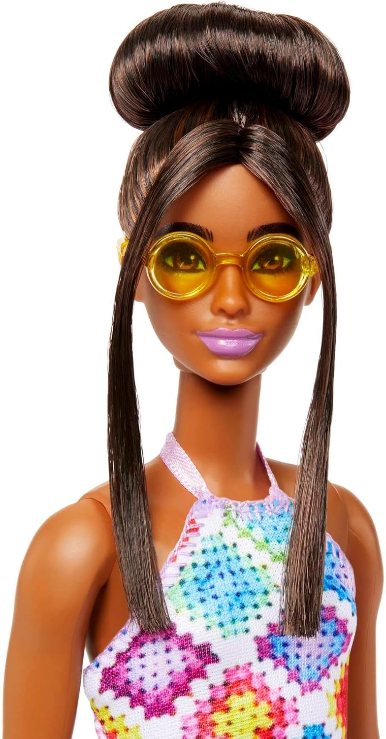 imageBarbie Fashionistas Doll 210 with Brunette Hair in Bun Wearing Removable Colorful Crochet Halter Dress Sunglasses amp Sandals