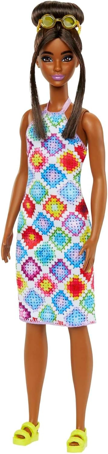 imageBarbie Fashionistas Doll 210 with Brunette Hair in Bun Wearing Removable Colorful Crochet Halter Dress Sunglasses amp Sandals