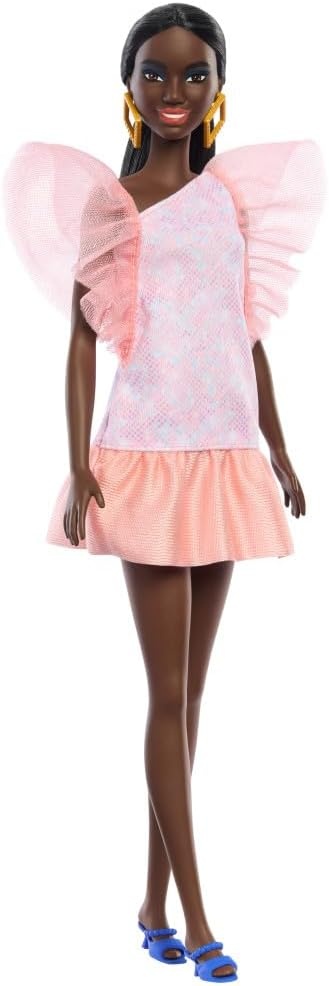 imageBarbie Fashionistas Doll 216 with Tall Body amp Black Hair in Low Ponytail in Pink amp Peach Party Dress 65th Anniversary Collectible Toy