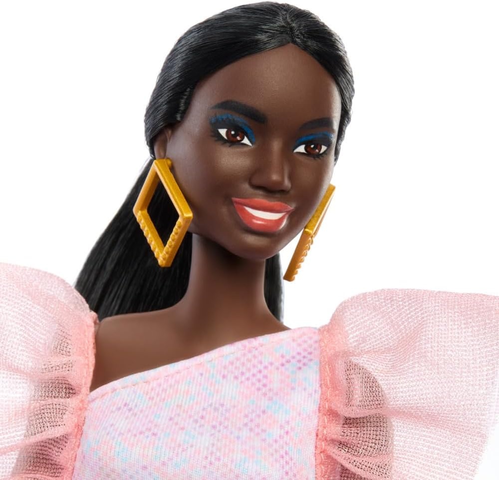 imageBarbie Fashionistas Doll 216 with Tall Body amp Black Hair in Low Ponytail in Pink amp Peach Party Dress 65th Anniversary Collectible Toy