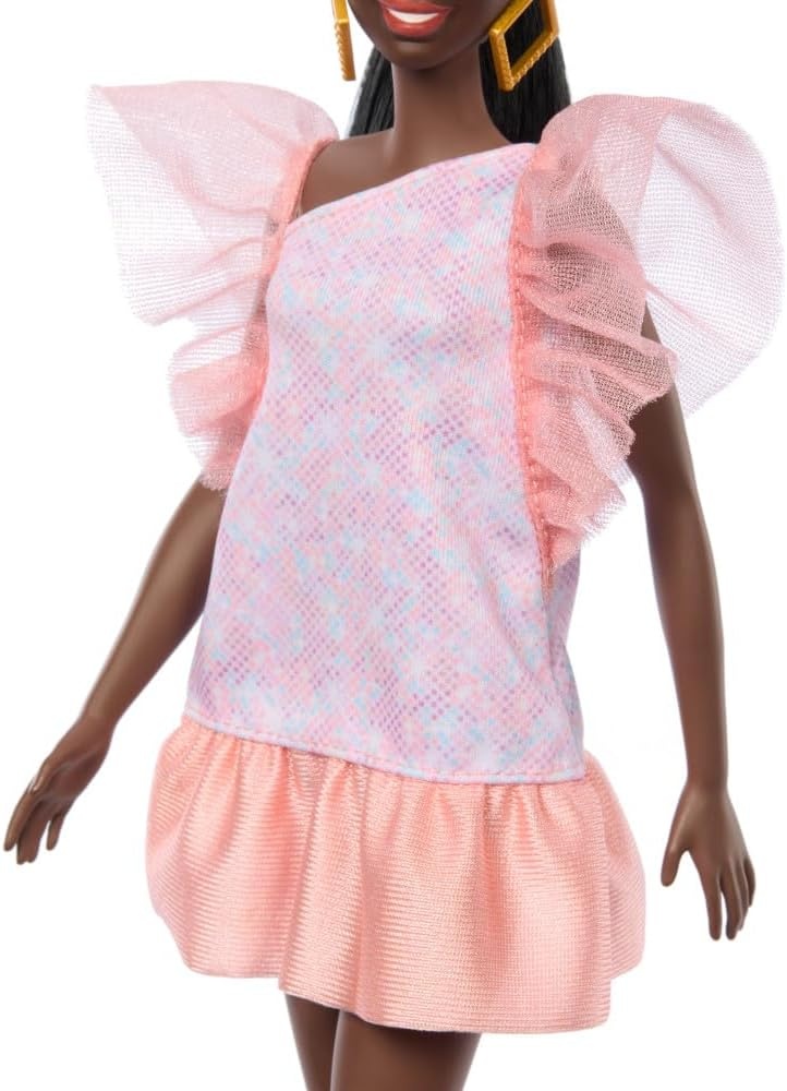 imageBarbie Fashionistas Doll 216 with Tall Body amp Black Hair in Low Ponytail in Pink amp Peach Party Dress 65th Anniversary Collectible Toy