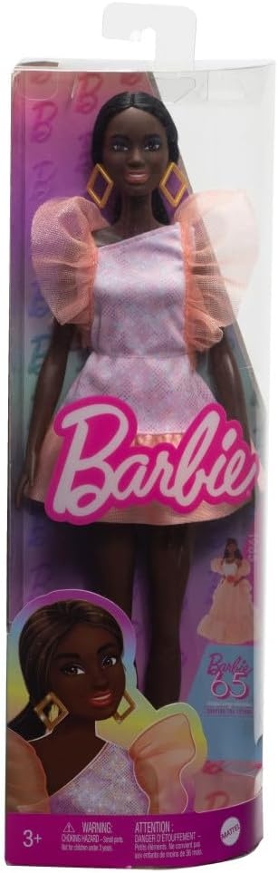 imageBarbie Fashionistas Doll 216 with Tall Body amp Black Hair in Low Ponytail in Pink amp Peach Party Dress 65th Anniversary Collectible Toy