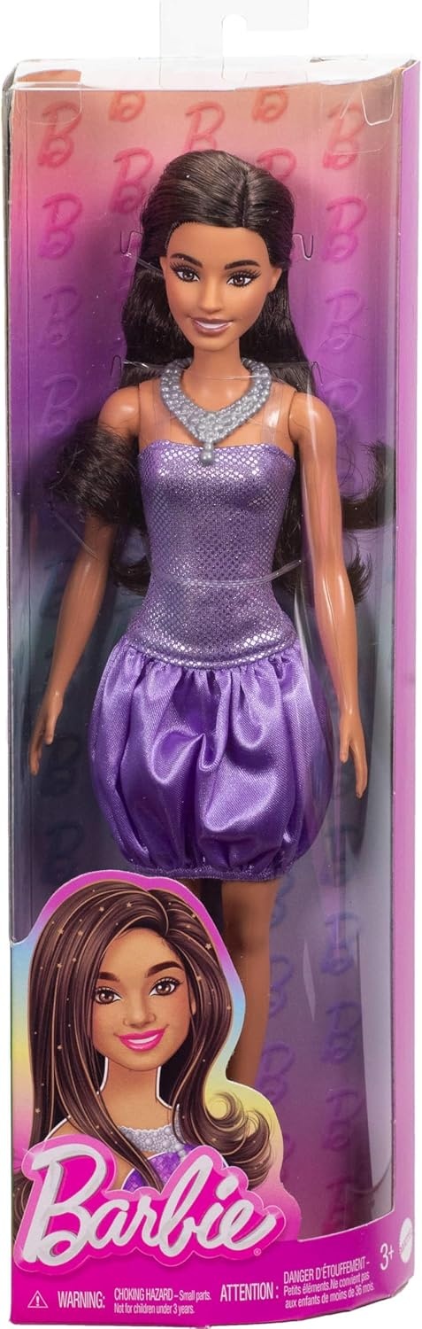 imageBarbie Fashionistas Doll 234 with Brown Hair Wearing Sequined Purple Bubble Dress with Satiny Skirt Silvery Necklace and Heels