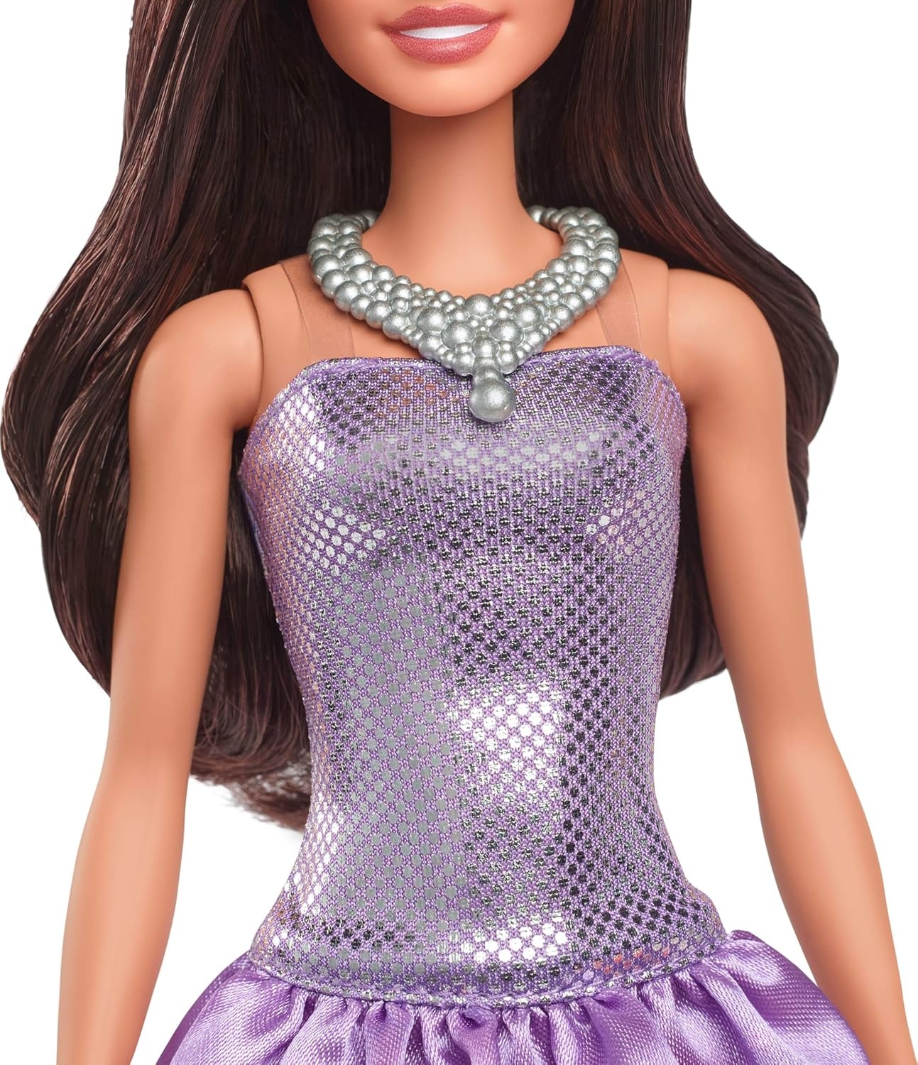 imageBarbie Fashionistas Doll 234 with Brown Hair Wearing Sequined Purple Bubble Dress with Satiny Skirt Silvery Necklace and Heels