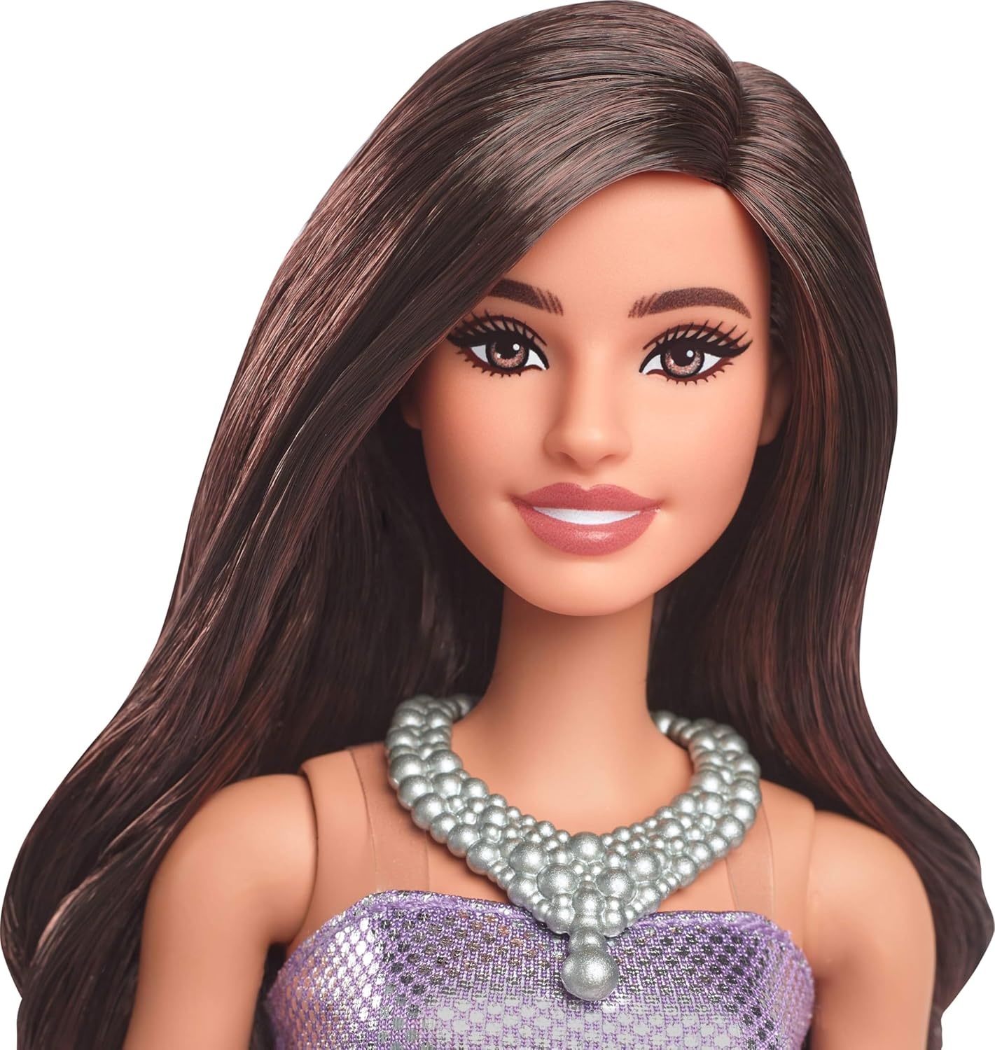 imageBarbie Fashionistas Doll 234 with Brown Hair Wearing Sequined Purple Bubble Dress with Satiny Skirt Silvery Necklace and Heels