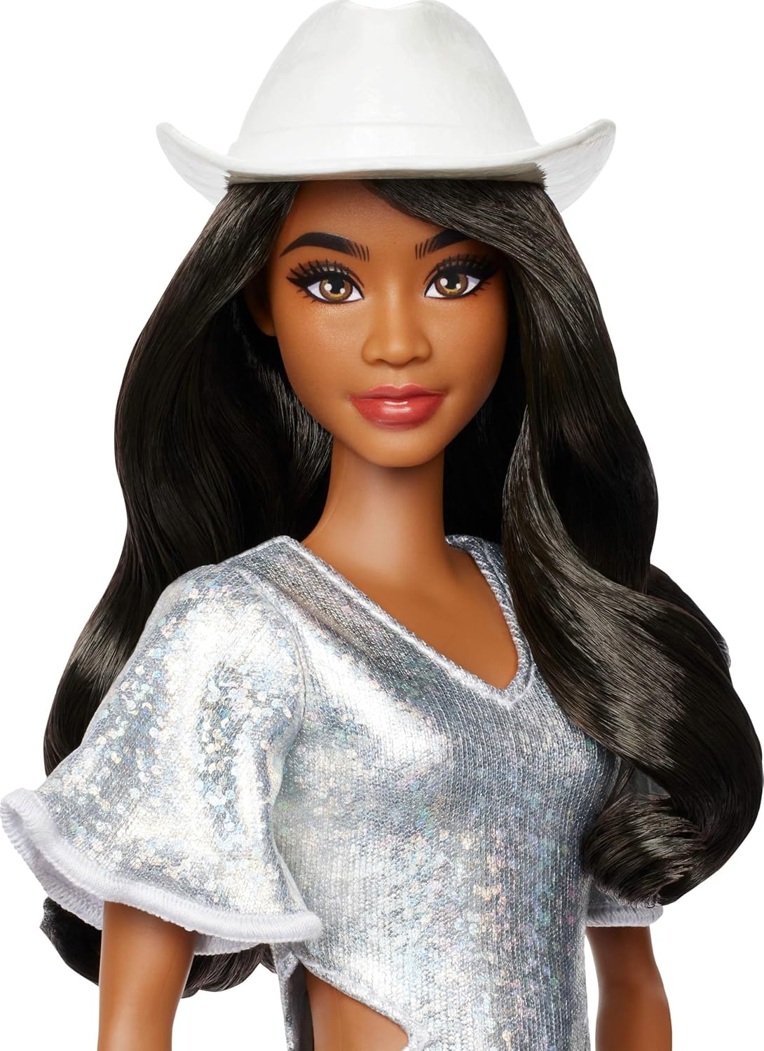 imageBarbie Fashionistas Doll 239 with Black Hair Wearing Sparkly Silver Fringe Dress with Western Accessories Like White Cowboy Hat and Boots