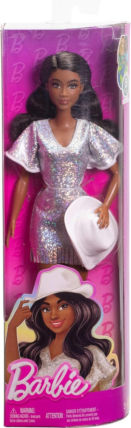 imageBarbie Fashionistas Doll 239 with Black Hair Wearing Sparkly Silver Fringe Dress with Western Accessories Like White Cowboy Hat and Boots