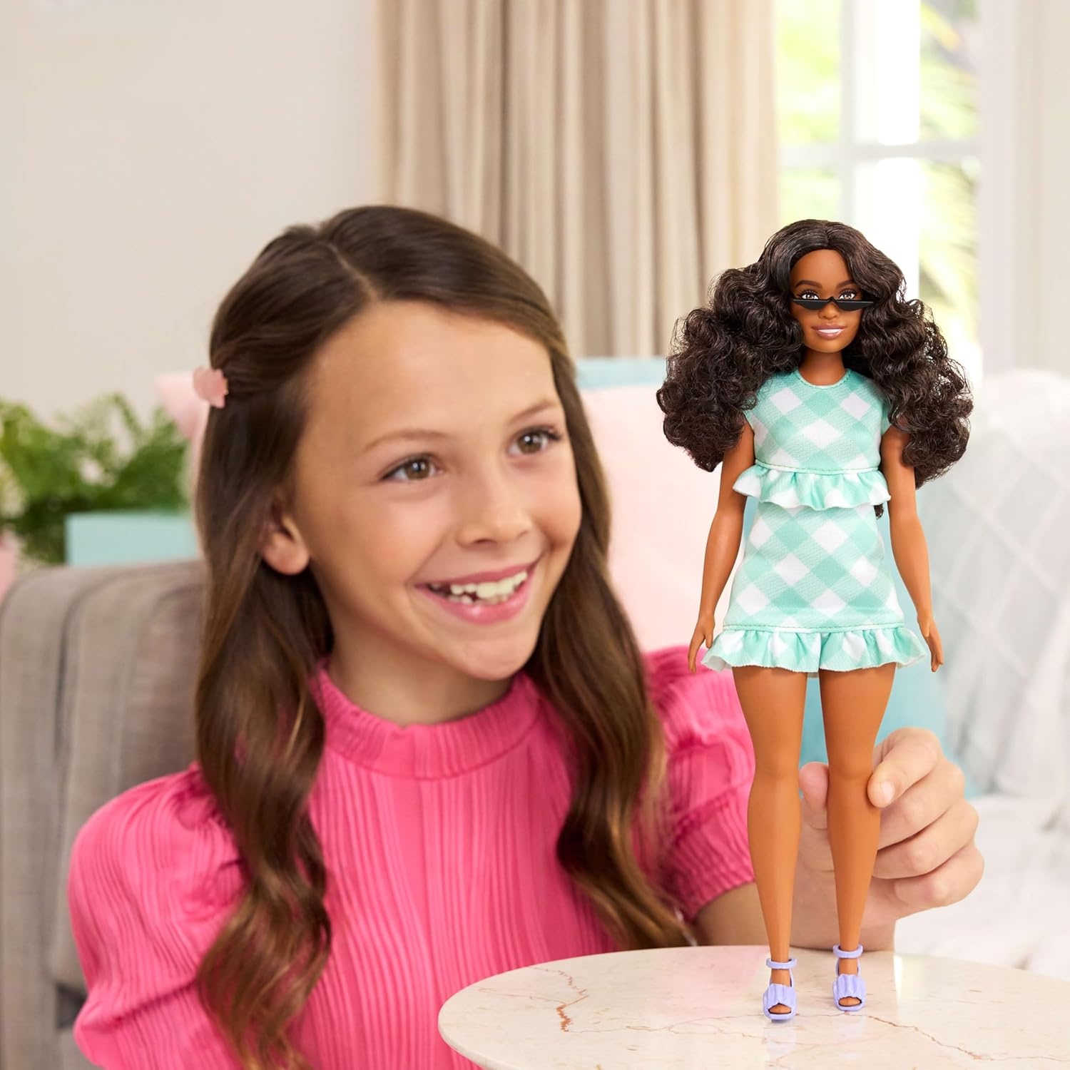imageBarbie Fashionistas Doll 240 with Wavy Dark Brown Hair Wearing Minty Green Ruffled Gingham Dress Sunglasses and Lavender Heels Accessories
