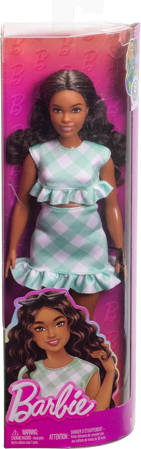 imageBarbie Fashionistas Doll 240 with Wavy Dark Brown Hair Wearing Minty Green Ruffled Gingham Dress Sunglasses and Lavender Heels Accessories