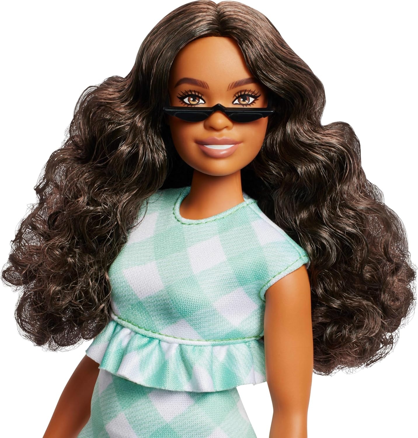 imageBarbie Fashionistas Doll 240 with Wavy Dark Brown Hair Wearing Minty Green Ruffled Gingham Dress Sunglasses and Lavender Heels Accessories