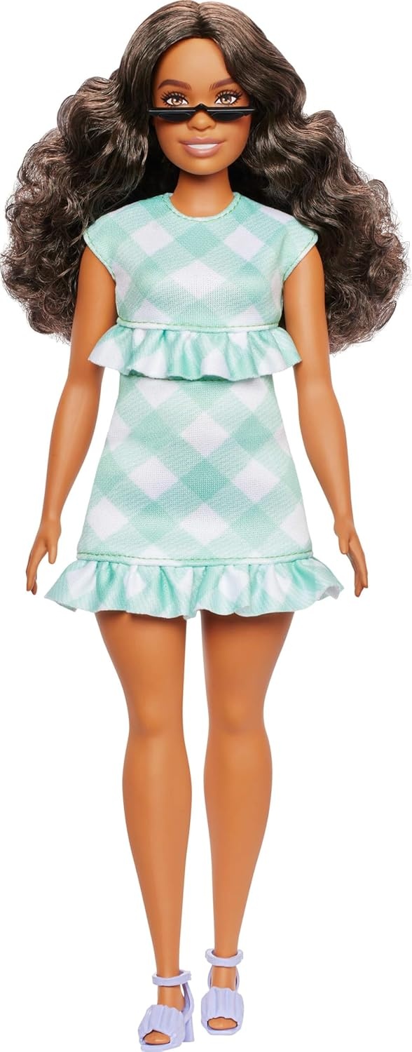 imageBarbie Fashionistas Doll 240 with Wavy Dark Brown Hair Wearing Minty Green Ruffled Gingham Dress Sunglasses and Lavender Heels Accessories