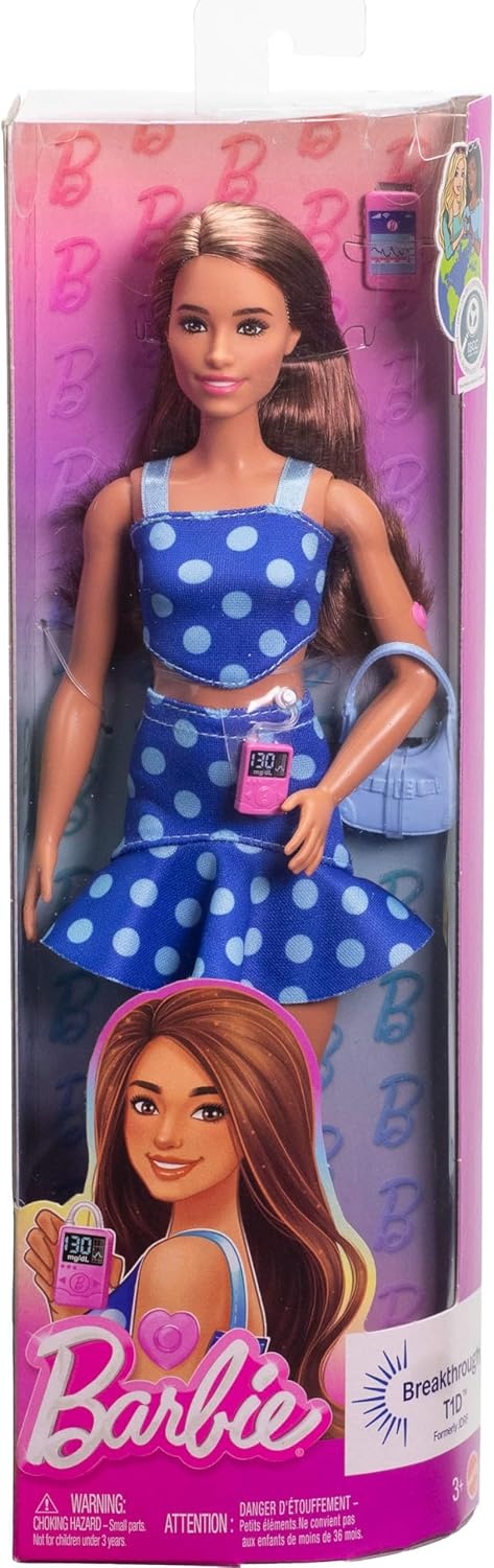 imageBarbie Fashionistas Doll 242 Doll with Type 1 Diabetes Wearing Polka Dot Outfit and Accessories in Partnership with Breakthrough T1D