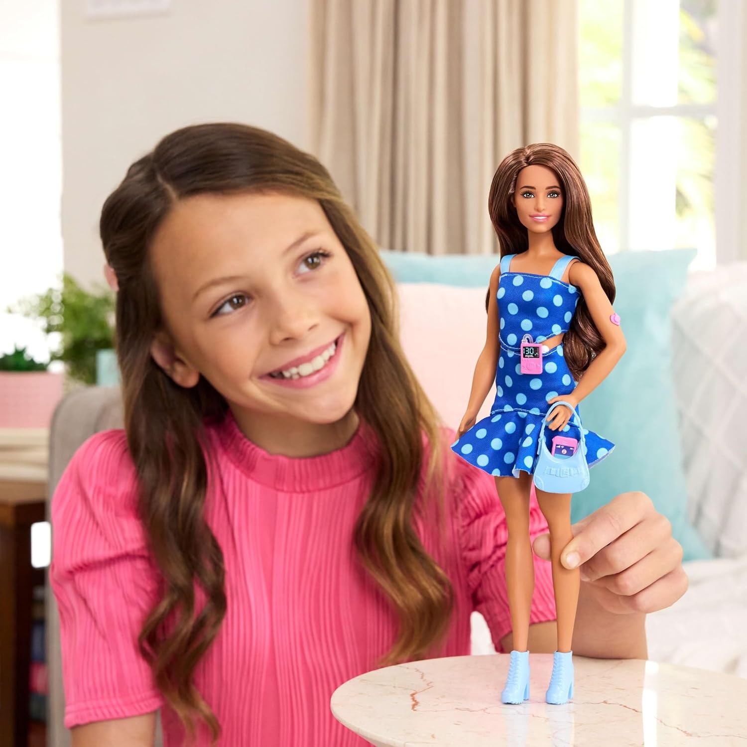 imageBarbie Fashionistas Doll 242 Doll with Type 1 Diabetes Wearing Polka Dot Outfit and Accessories in Partnership with Breakthrough T1D