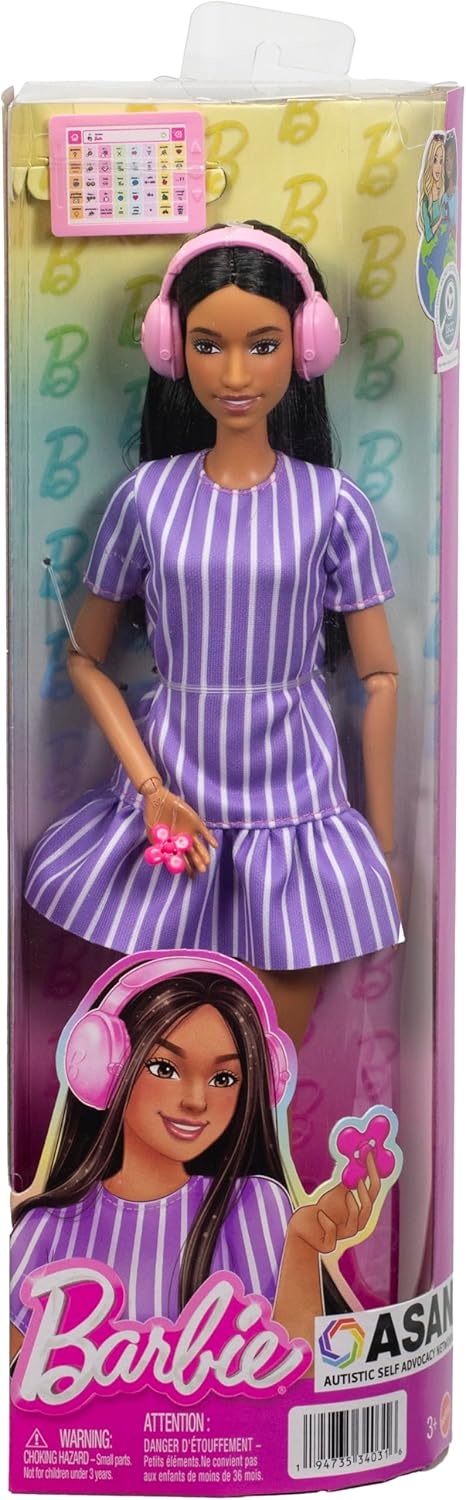 imageBarbie Fashionistas Doll 245 Autistic Doll Wearing Purple Striped Dress with Accessories Like Fidget Spinner Tablet and Headphones