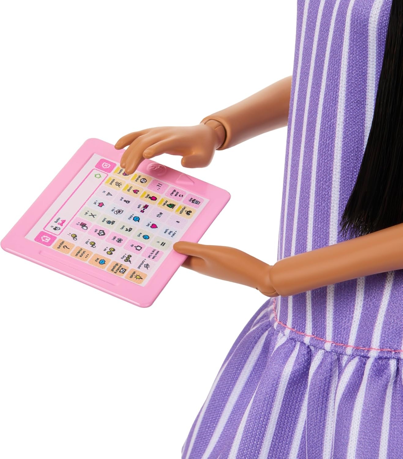 imageBarbie Fashionistas Doll 245 Autistic Doll Wearing Purple Striped Dress with Accessories Like Fidget Spinner Tablet and Headphones