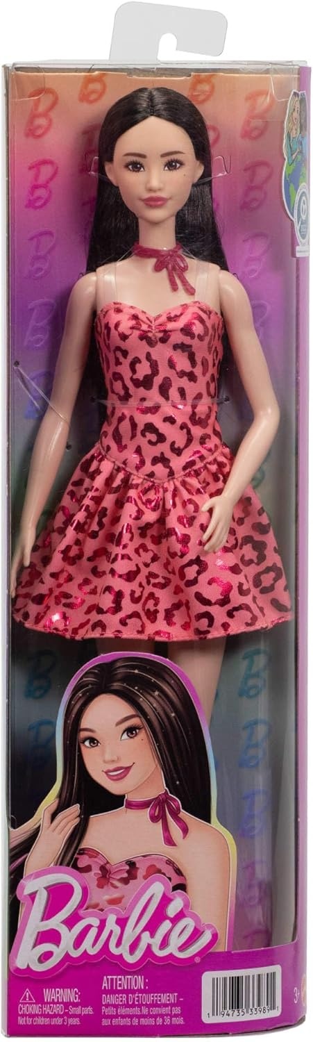 imageBarbie Fashionistas Doll 246 with Black Hair Pink Leopard Print Strapless Dress with Accessories Like Tie Necklace and Boots