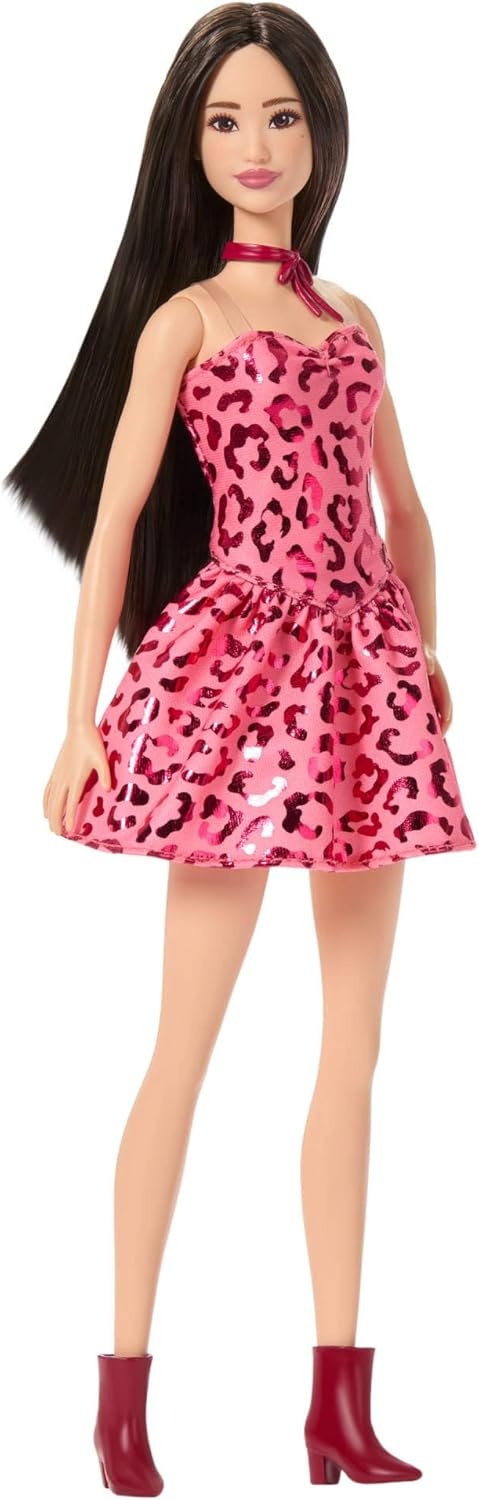 imageBarbie Fashionistas Doll 246 with Black Hair Pink Leopard Print Strapless Dress with Accessories Like Tie Necklace and Boots