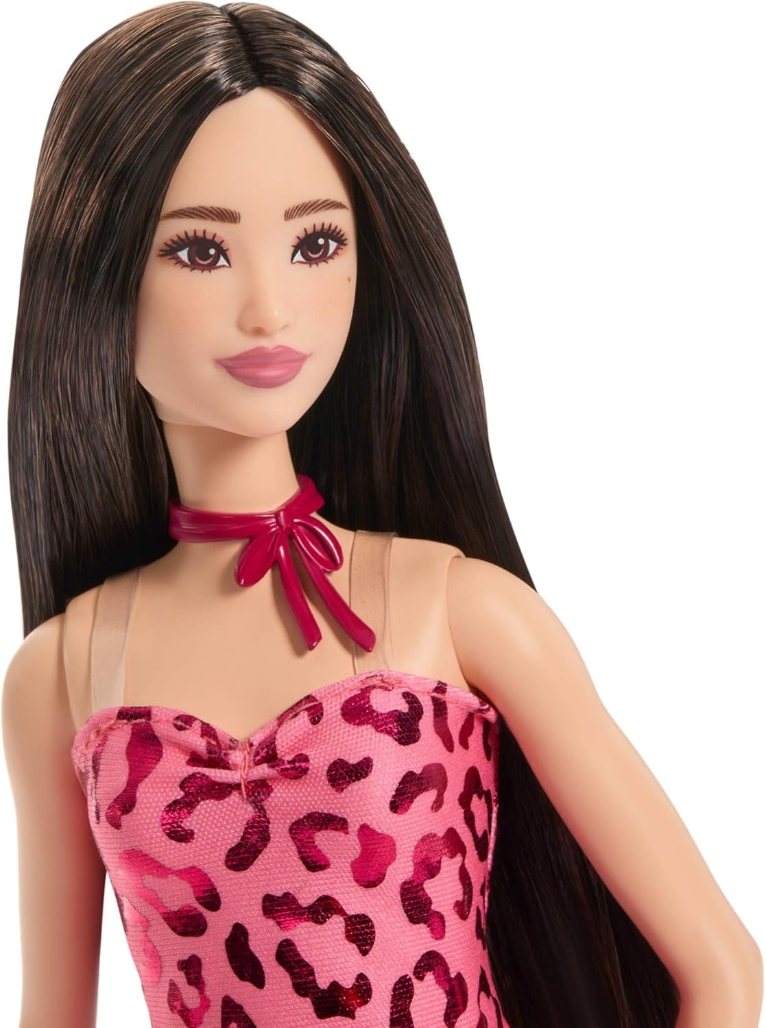imageBarbie Fashionistas Doll 246 with Black Hair Pink Leopard Print Strapless Dress with Accessories Like Tie Necklace and Boots