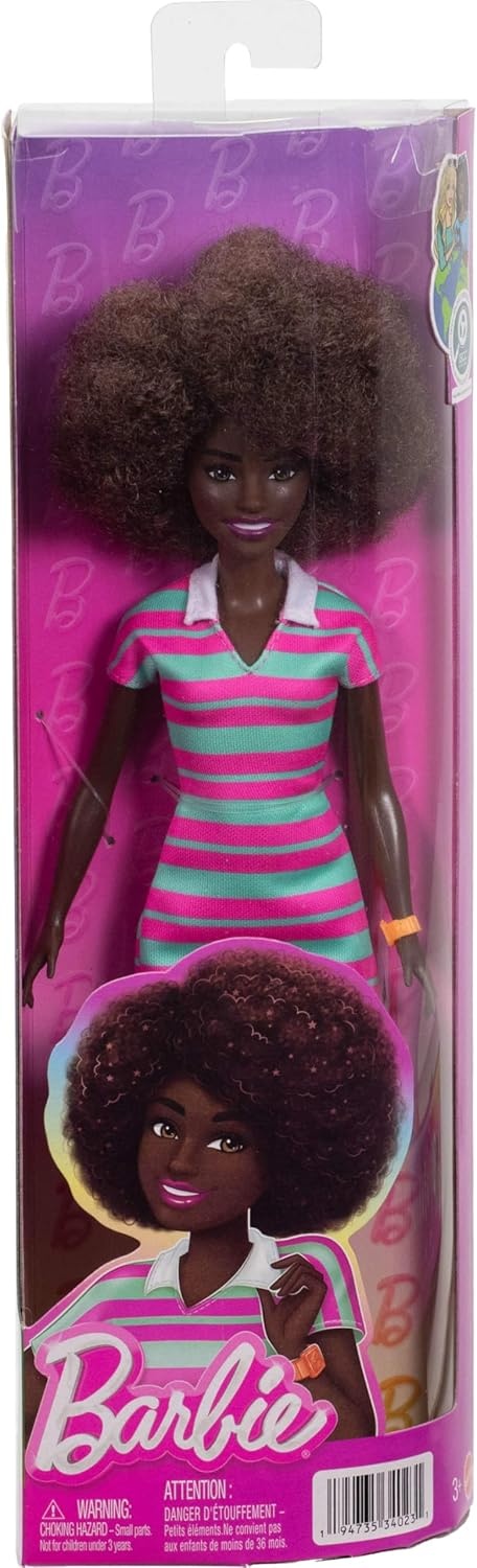 imageBarbie Fashionistas Doll 247 with Curly Black Hair Pink and Green Striped Collared Dress with Accessories Like Orange Watch and White Sneakers