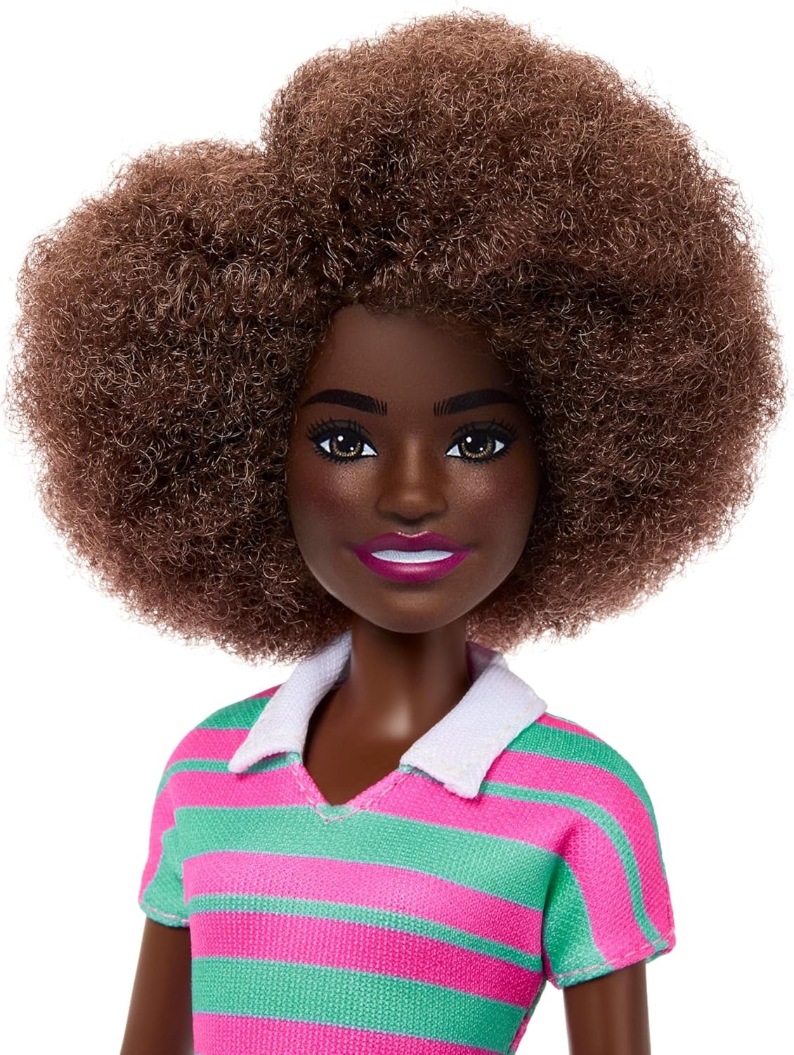 imageBarbie Fashionistas Doll 247 with Curly Black Hair Pink and Green Striped Collared Dress with Accessories Like Orange Watch and White Sneakers