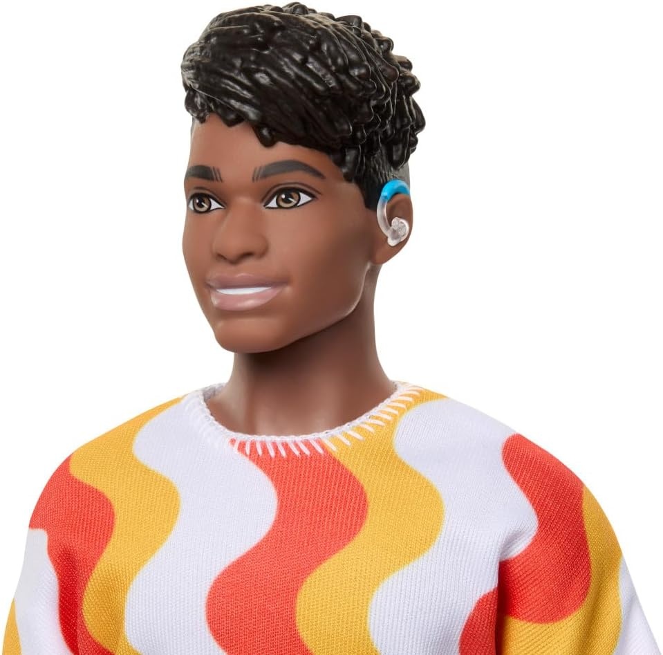 imageBarbie Fashionistas Ken Doll 220 with BehindtheEar Hearing Aids amp Broad Body Wearing a Removable Orange Patterned Shirt Shorts amp Jelly Sandals